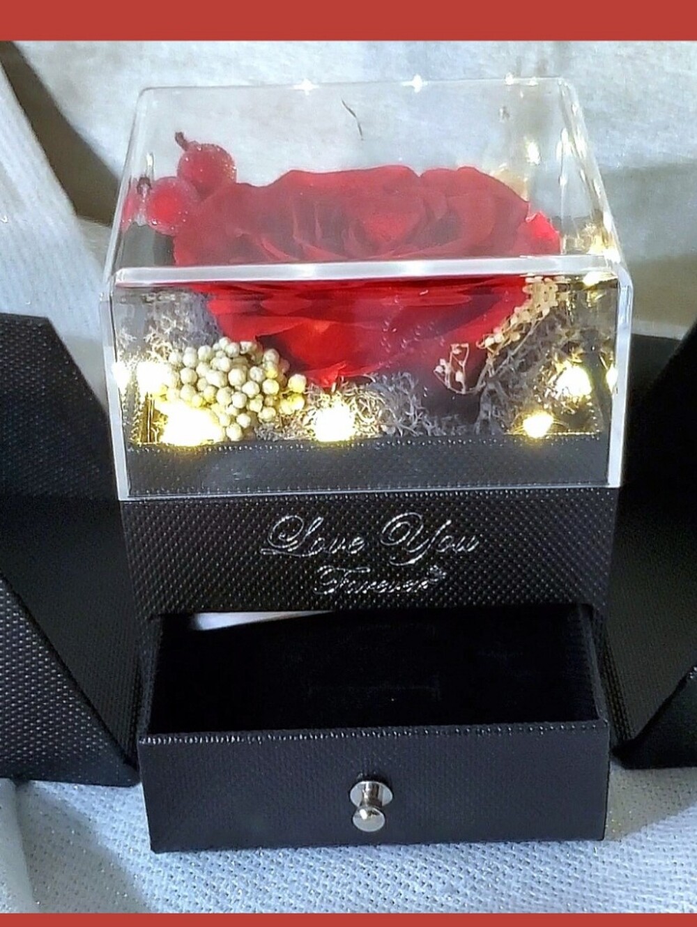 Romantic Red Preserved Rose Jewelry Box with LED Lights - Picture 4 of 10